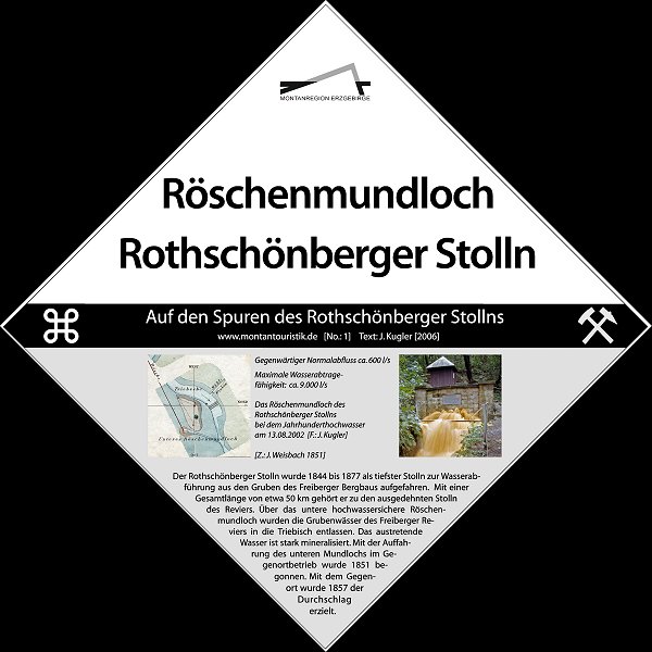 
				Rschenmundloch Rothschnberger Stolln: Gegenwrtiger Normalabfluss ca. 600 l/s, Maximale Wasserabtragefhigkeit ca.9.000 l/s. (Z: J. Weisbach 1851). Das Rschenmundloch des Rothschnberger Stollns bei dem Jahrhunderthochwasser am 13.08.2002 (F.:J. Kugler). Der Rothschnberger Stolln wurde 1844 bis 1877 als tiefster Stolln zur Wasserabfhrung aus den Gruben des Freiberger Bergbaus aufgefahren. Mit einer Gesamtlnge von etwa 50 km gehrt er zu den ausgedehnten Stolln des Reviers. ber das untere hochwassersichere Rschenmundloch wurden die Grubenwsser des Freiberger Reviers in die Triebisch entlassen. Das austretende Wasser ist stark mineralisiert. Mit der Auffahrung des unteren Mundlochs im Gegenortbetrieb wurde 1851 begonnen. Mit dem Gegenort wurde 1857 der Durchschlag erzielt.
				